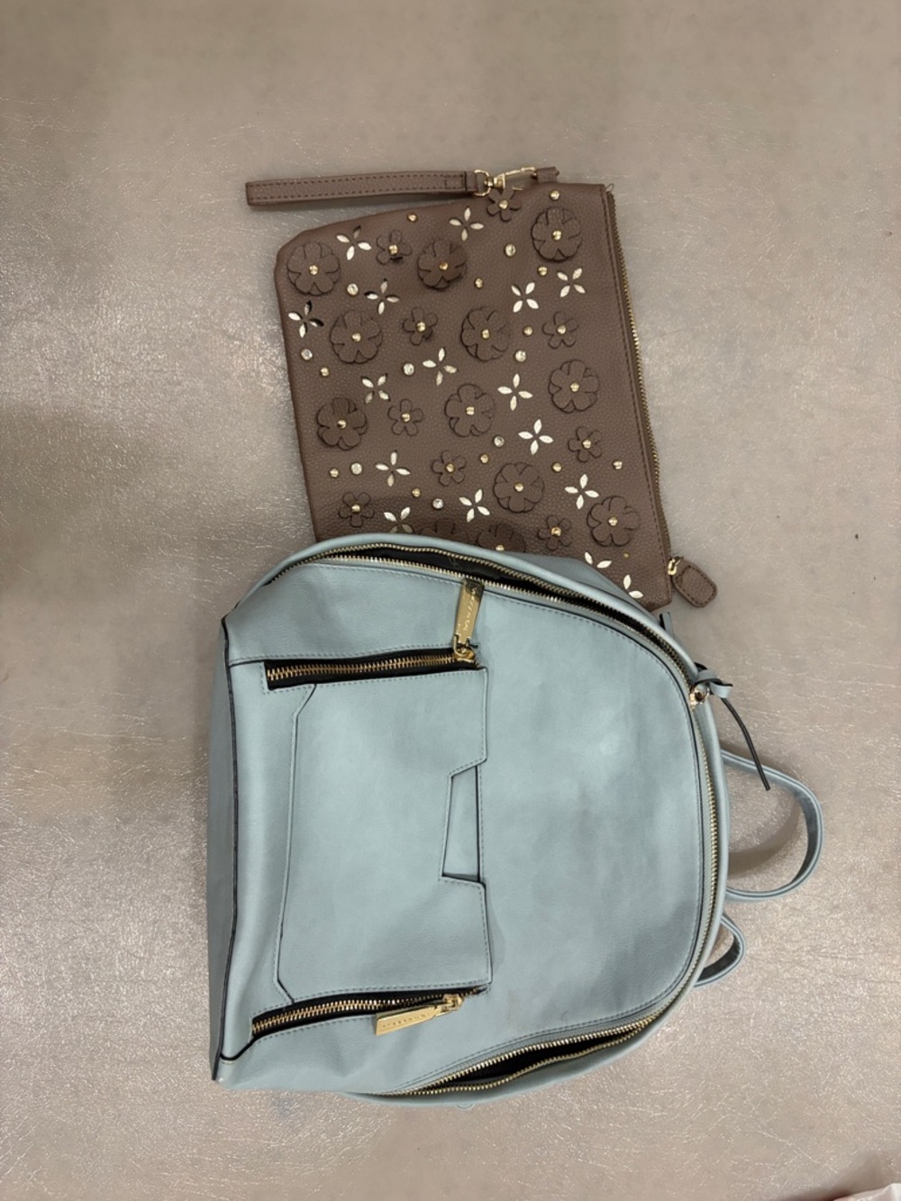 Big Buddha Light Blue Leather Backpack with Taupe Floral Wristlet
